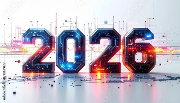 Fototapeta Futuristic digital technology and innovation concept for the new year 2026 on a glowing circuit board background with bright lights