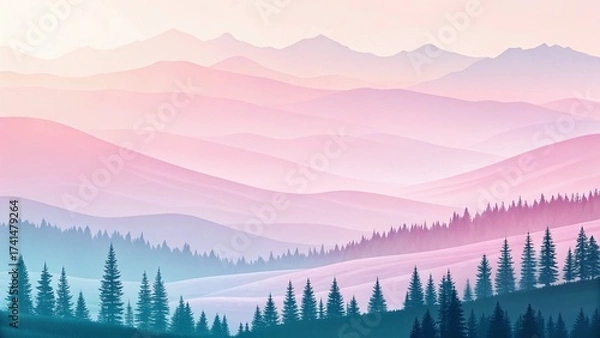 Fototapeta A breathtaking vista of layered mountains unfolds in soft hues of pink and blue, with a dense forest of evergreen trees in the foreground