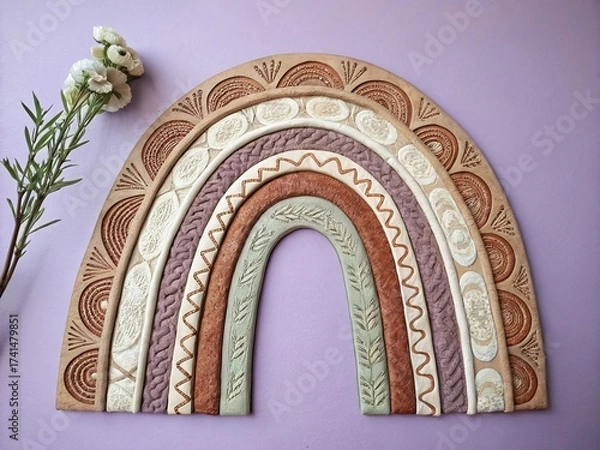 Fototapeta A whimsical handmade ceramic rainbow wall decor with intricate patterns, adding a touch of bohemian charm to any space