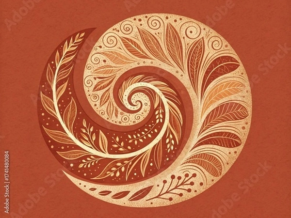 Fototapeta A captivating circular design featuring a swirling spiral of leaves in warm earth tones, creating a natural and organic aesthetic on a terracotta backdrop