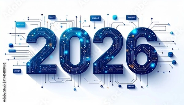 Fototapeta The year 2026 presented as a high-tech concept with a glowing blue digital circuit board, symbolizing future innovation and networking technology