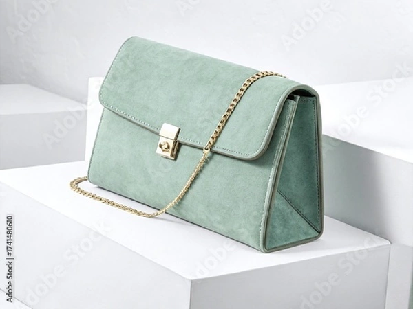 Fototapeta Elegant mint green clutch bag with a golden chain strap, isolated on white background, perfect for adding a touch of sophistication to any outfit