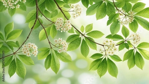 Fototapeta Delicate white blossoms and lush green leaves create a serene and refreshing spring background, perfect for naturethemed designs and springtime projects