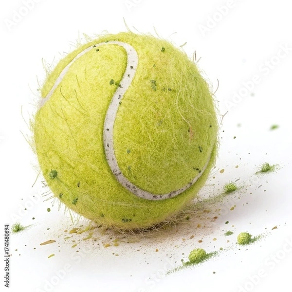 Fototapeta A vibrant yellow tennis ball with visible wear and tear, isolated on white background, showcasing the texture and detail of the sports equipment