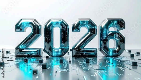 Fototapeta Futuristic concept of the year 2026 with glowing blue chrome numbers on a high-tech circuit board background representing innovation