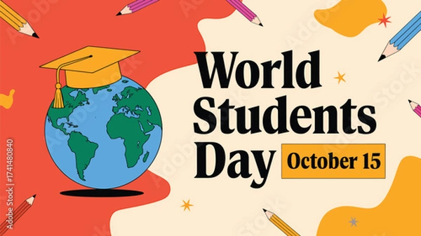 Fototapeta Vector art of world students day on october 15, featuring a globe with a graduation cap, pencils, and colorful abstract shapes, celebrating global education and learning