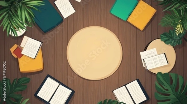 Fototapeta Overhead view of a wooden workspace with books, plants, and a central circle, creating a natural and inviting atmosphere for creativity and focus