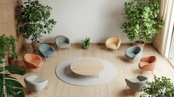 Fototapeta A spacious waiting area with chairs arranged around a round table, surrounded by lush green plants and natural light creates a welcoming atmosphere