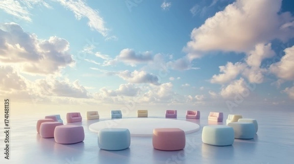 Fototapeta Pastel pouf seating arrangement under a serene sky, creating a peaceful and inviting outdoor meeting space for collaboration and relaxation