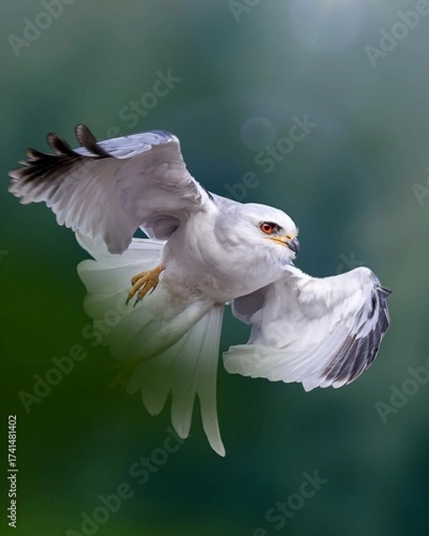 Obraz A white Black-shouldered Kite soars through the air with outstretched wings and glowing red eyes. Sharp flight action against a blurry green background.