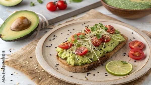 Fototapeta Delicious avocado toast with fresh tomatoes, sprouts, and a sprinkle of black sesame seeds, served on a rustic plate with lime and avocado halves
