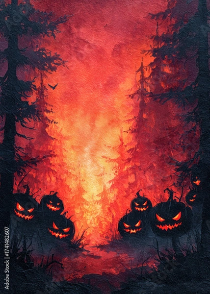 Fototapeta Glowing pumpkins with menacing faces illuminate a dark forest as shadows dance around tall trees. The vibrant colors create an unsettling Halloween atmosphere full of mystery.