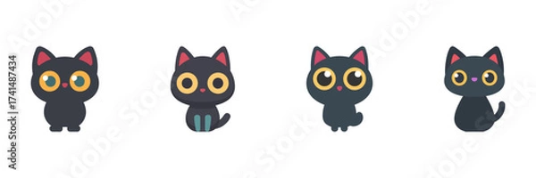 Fototapeta Black Cat Halloween Icon Set, Cute Cartoon Cats With Big Eyes Sitting And Standing Poses Isolated On Transparent Background