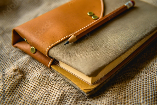 Obraz Leather Notebook with Pencil on Rustic Fabric Background