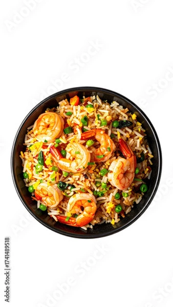 Fototapeta Fried rice with shrimp in a dark bowl