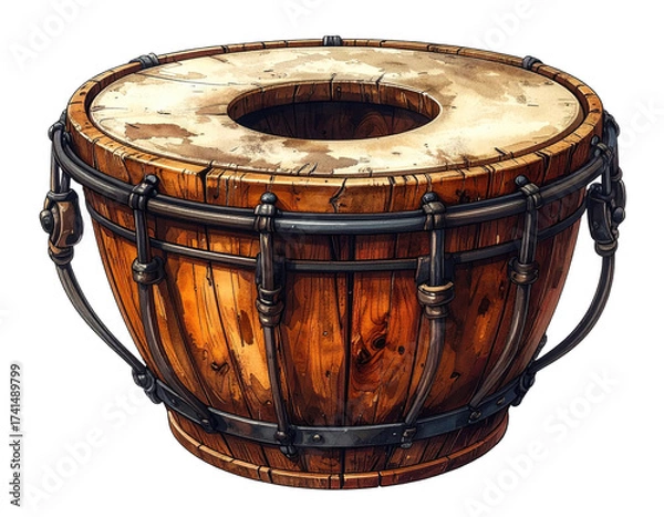 Fototapeta Wooden drum with a large, central hole.  Ornate metal bands encircle the drum
