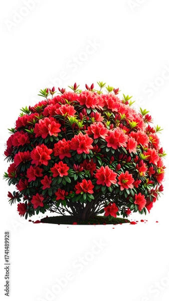 Fototapeta Close-up of a vibrant, round azalea bush.  Dense clusters of deep red flowers and green foliage