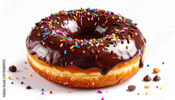 Fototapeta Frosted chocolate donut, white background. AI