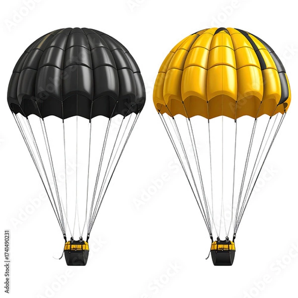 Fototapeta Two parachutes, one black, one yellow,  with ribbed canopies and lines.  Image shows the equipment from a side view