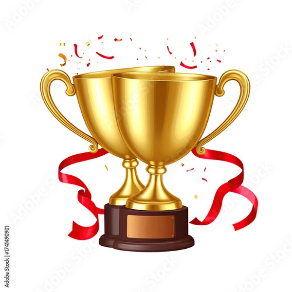 Fototapeta Two golden trophies with a red ribbon, surrounded by celebratory elements