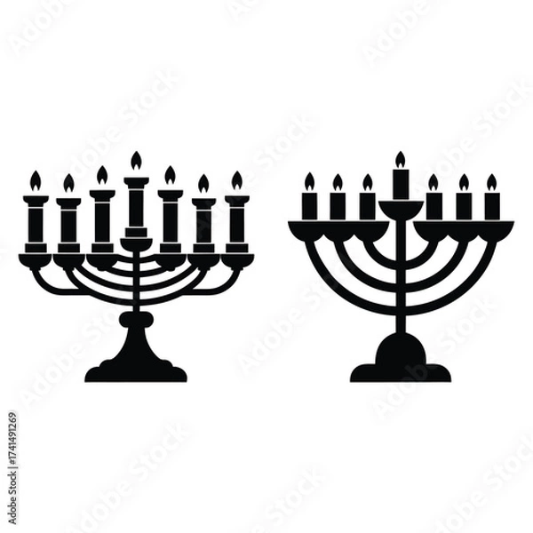 Fototapeta Two Hanukkah Kwanzaa menorahs silhouettes isolated on a transparent background
