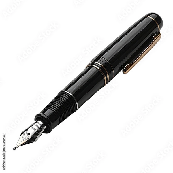 Fototapeta High-angle, close-up view of a black fountain pen.  The pen is glossy black with a rose gold-colored trim around the clip and the nib.  The nib is pointed and extends downward