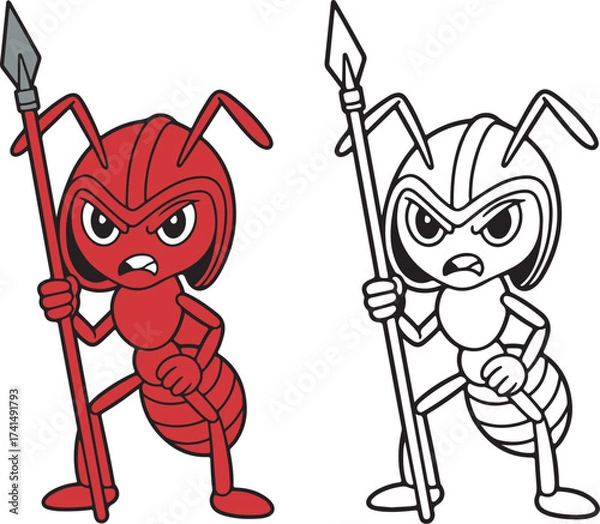 Obraz Cute Warrior Ant Character Colored and Line Art Illustration Set