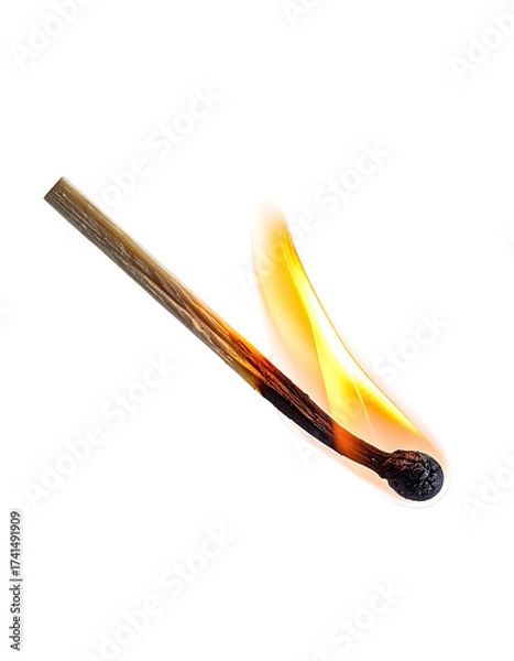 Fototapeta A single matchstick burning.  A wooden matchstick angled diagonally, with a bright flame engulfing the tip.  Dark background isolates the match