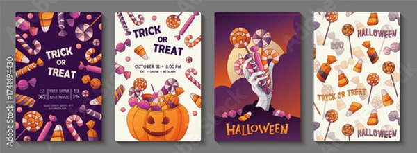 Obraz Collection of vector Halloween posters with candies, pumpkins, zombie hand, lollipops. Trick or Treat illustration. Templates for Halloween invitation, banner, flyer, party decoration.