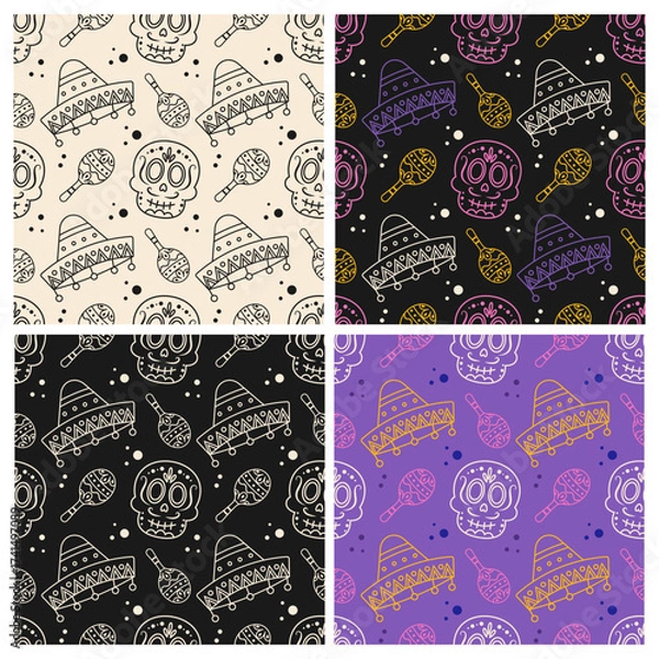 Fototapeta Day of the Dead seamless pattern. Colorful sugar skulls, sombreros and maracas on dark and light backgrounds. Mexican fiesta vector design.