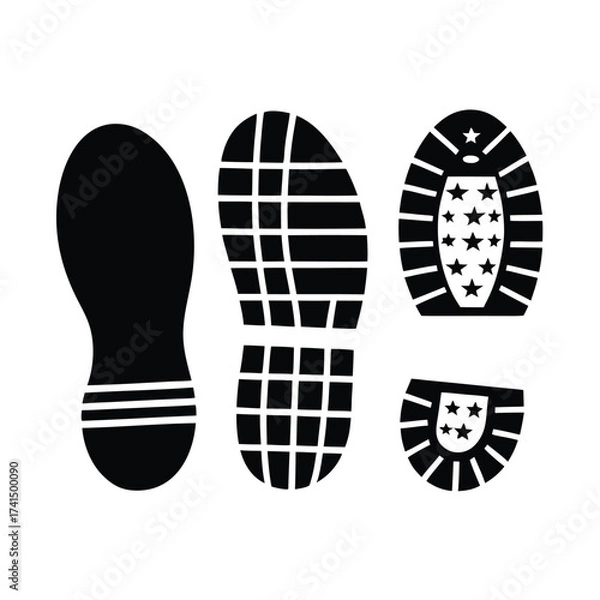Fototapeta Vector illustration Black shoe sole prints with grid and star patterns footprint
