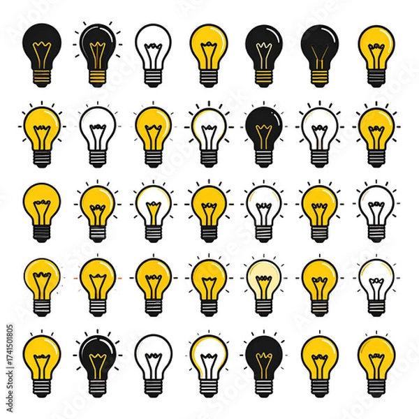 Fototapeta Grid of stylized lightbulb icons, various color stages