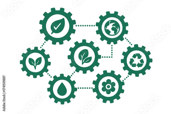 Fototapeta Ecology mechanism concept with connected gears and icons. Abstract background for eco friendly, energy, environment, green, recycle, bio and global concepts. Vector infographic.