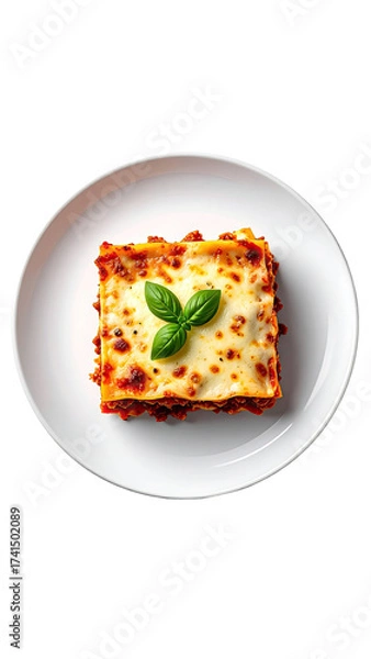 Fototapeta Square portion of lasagna on a white plate.  Melted cheese,  red sauce, and meat filling. Fresh basil garnish