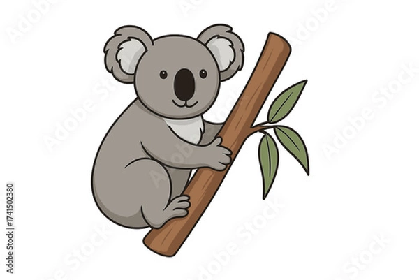 Fototapeta Cute koala bear on a eucalyptus tree branch. Happy Australian marsupial mammal. Wild animal character cartoon vector illustration icon for kids. Isolated stock graphic design.