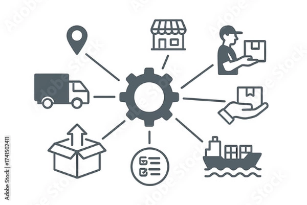 Fototapeta Logistic mechanism, supply chain management concept. Global distribution, delivery service, shipping, transport, e-commerce market. Freight, cargo, order fulfillment vector.