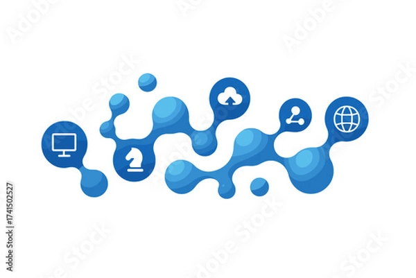 Fototapeta Digital growth and business strategy concept. Abstract vector infographic with integrated icons for internet, network, cloud computing, sharing, and communication technology.