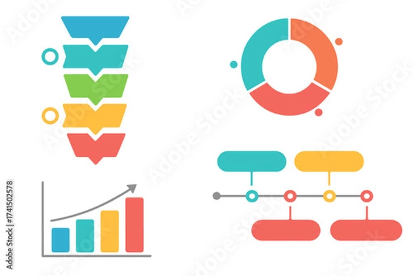 Fototapeta Infographic elements set for business presentation. Vector collection of data visualization tools including sales funnel, pie chart, growth graph, and timeline diagram.