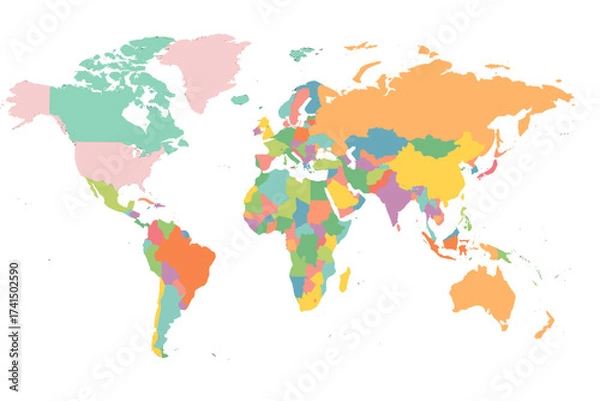 Fototapeta Colorful political world map with all countries. Vector illustration of Earth's continents for global business, travel, and geography education. Flat design infographic element.