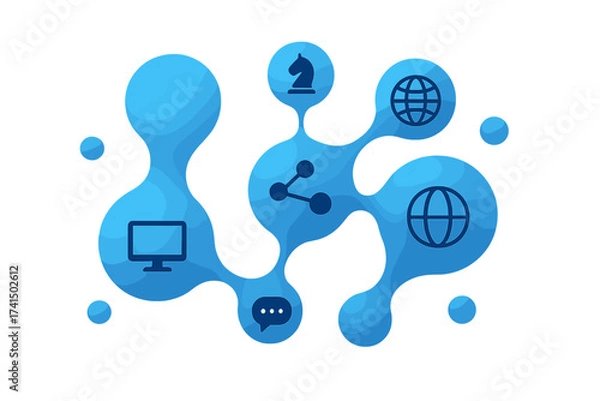 Fototapeta Media mechanism concept. Growth abstract background with integrated metaballs. Digital icon for strategy, internet, network, connect, communicate. Global technology connection.