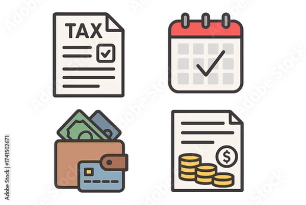 Fototapeta Tax time icon set vector. Finance, accounting and payment symbols. Tax form, calendar deadline, wallet with money, credit card and coins. Financial report or income concept.