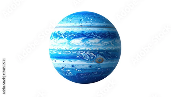 Fototapeta A stylized, vibrant blue planet, showcasing swirling patterns and bands of color, reminiscent of Jupiter's atmosphere.  The planet is presented in isolation against a black background