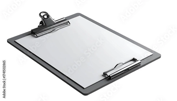 Fototapeta A gray clipboard with a blank white sheet of paper.  Metal clips secure the paper