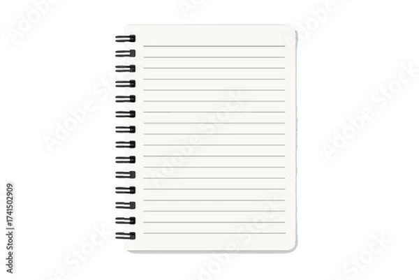Fototapeta Realistic vector notebook template with spiral binding. Lined paper notepad mockup isolated on a background. Blank page for notes, diary, or journal. School or office.