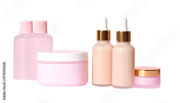 Fototapeta Group of pink and beige cosmetic containers.  Four small bottles, two with droppers, and one jar, all in pastel shades