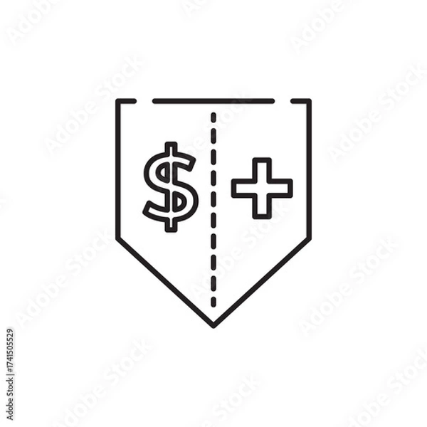 Fototapeta Editable stroke icon of shield split with dollar and plus signs, symbolizing financial health, benefits, or secure aid. Ideal for fintech, insurance, banking, or economic UI UX design.