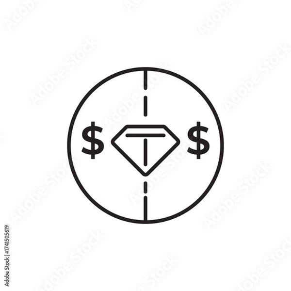 Fototapeta Editable stroke icon of a circle with diamond and dollar signs split by dashed line, symbolizing balanced wealth, value, or investment. Ideal for fintech, banking, crypto, or finance apps.