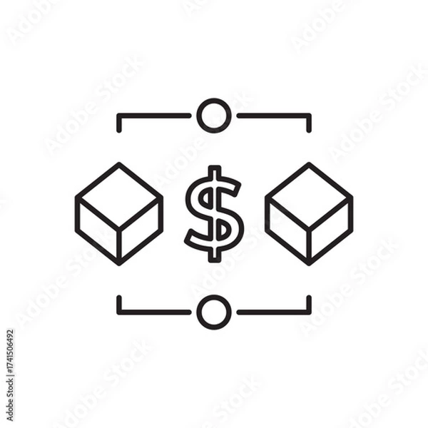 Fototapeta Editable stroke line icon featuring a dollar sign between cubes, representing finance, blockchain, and crypto innovation. Ideal for websites, apps, branding, and tech marketing.