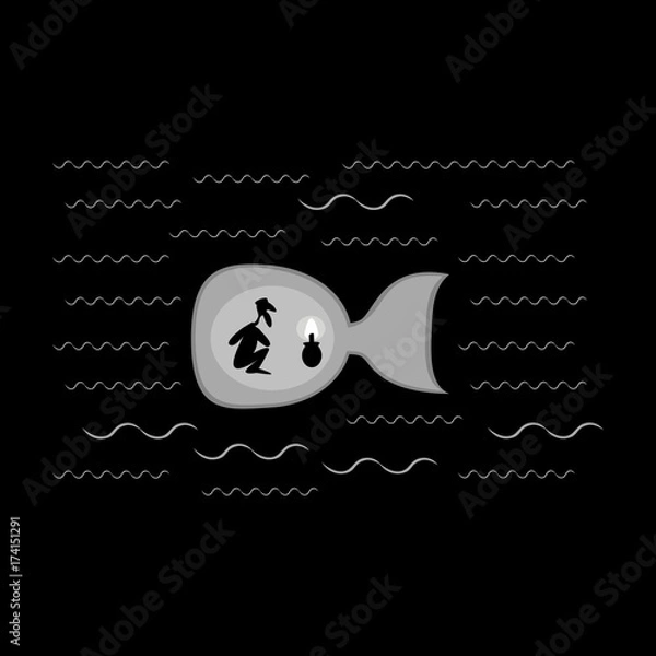 Fototapeta Mans sylwetka w dużych rybach na czarnym tle