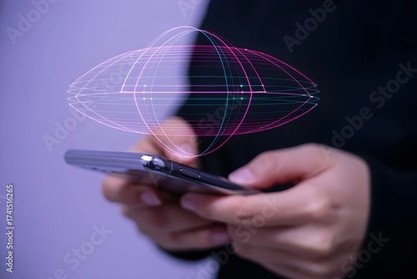 Fototapeta Woman using a smartphone with a holographic projection showcasing modern technology and digital connectivity for business and communication